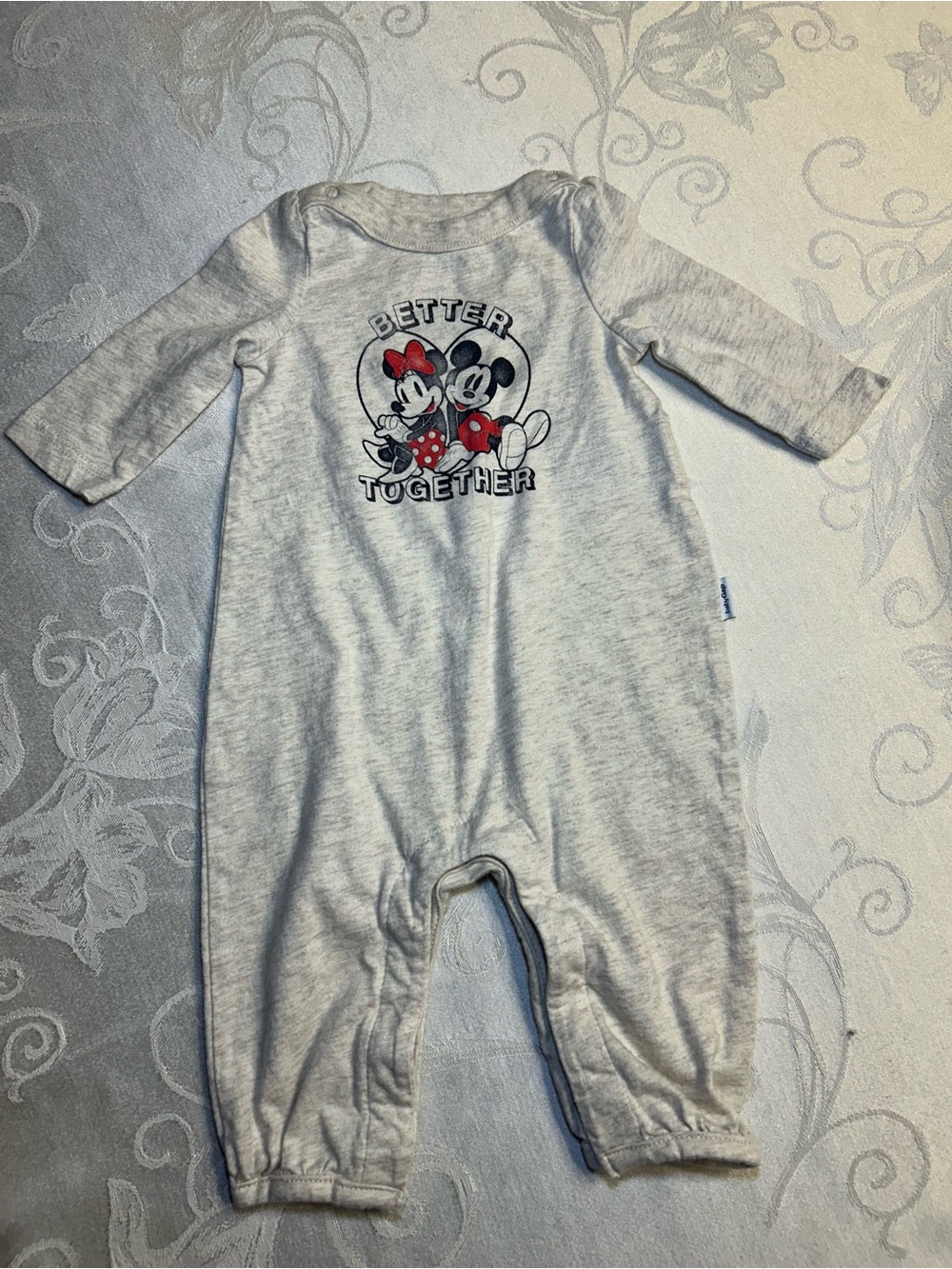 GAP Gray Long-Sleeve One-Piece with Mickey & Minnie